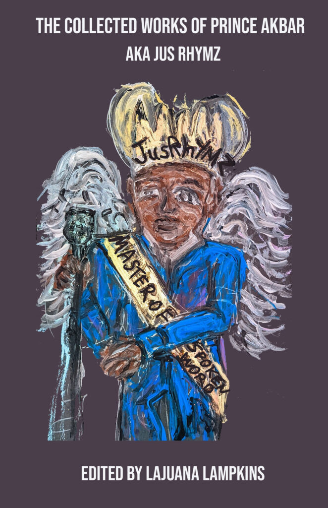 Illustration of the poet Prince Akbar aka Jus Rhymz as an angel at a microphone with a crown labeled "Jus Rhymz" and sash with the words "Master of the Spoken Word"